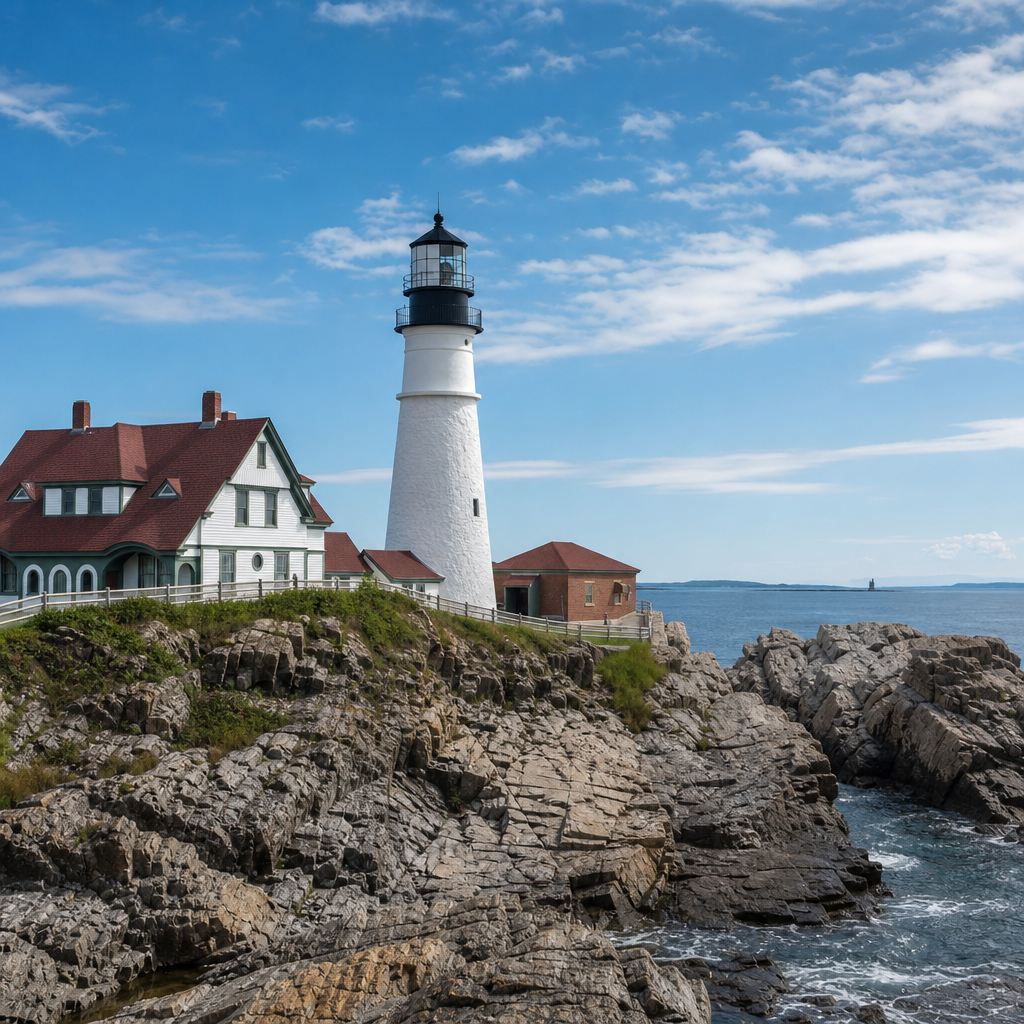 Portland Head Light lighthouse above rocky coastline