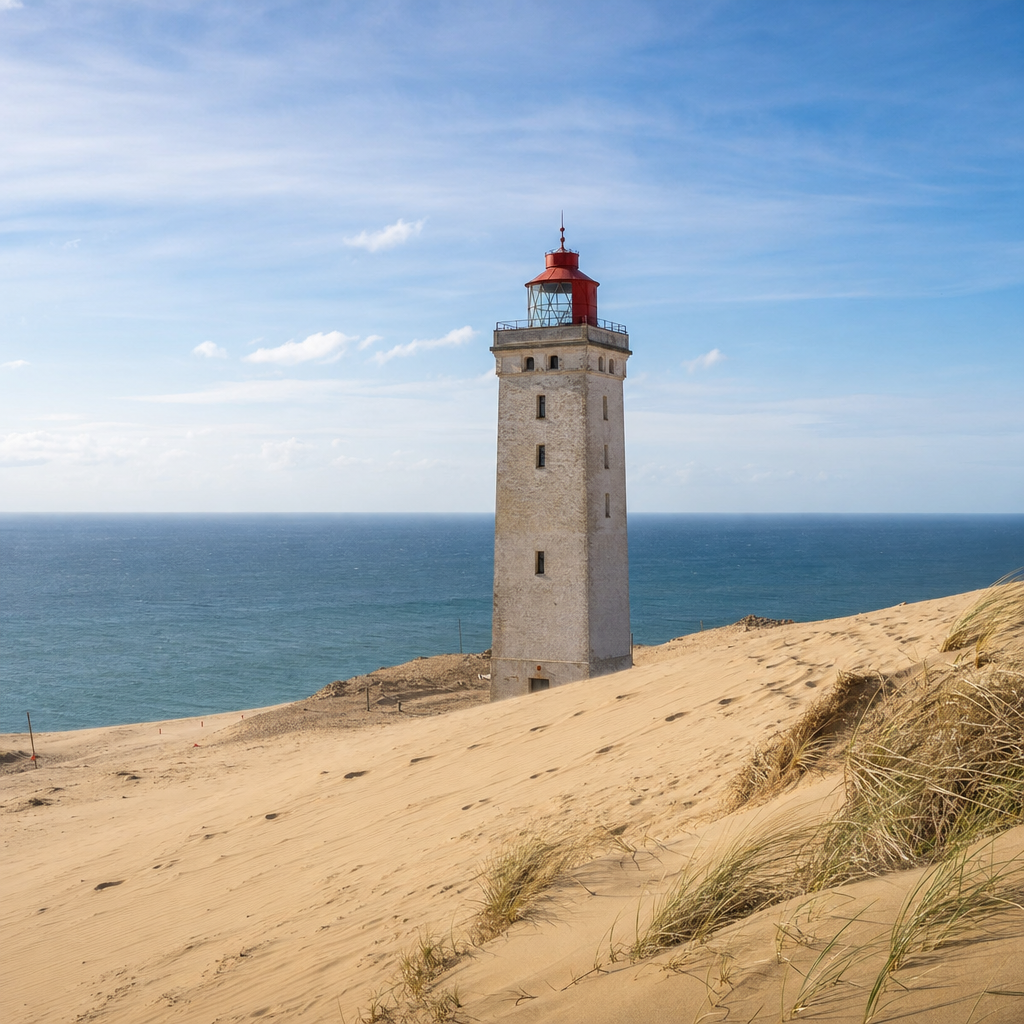 Rubjerg Knude Lighthouse rising above sandy coastal dunes under a bright sky