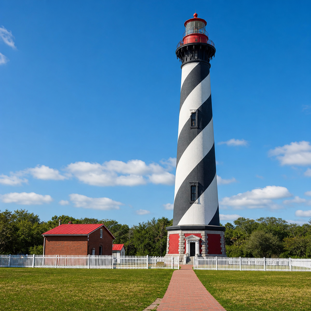 St. Augustine Lighthouse with striped tower under bright sky