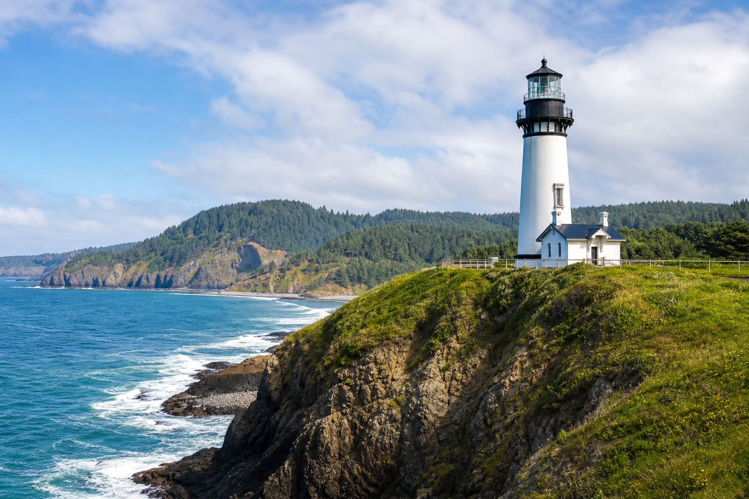 Yaquina Head Lighthouse beside steep coastal cliffs
