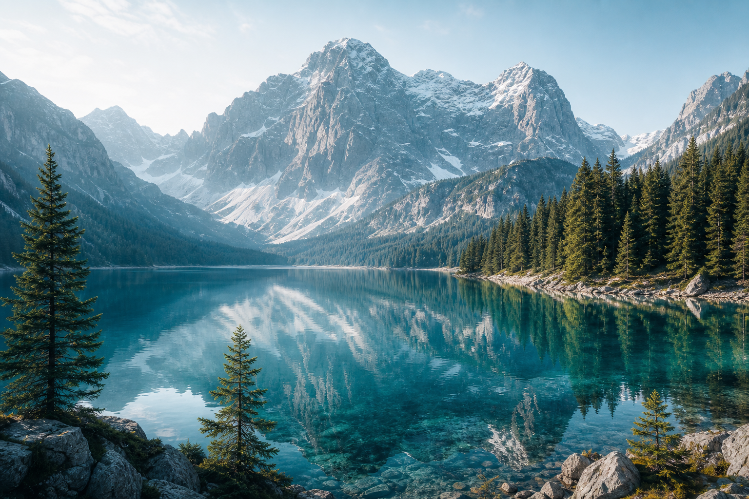 Alpine lake with glassy turquoise water, pine forests, and snow-dusted peaks under crisp morning light