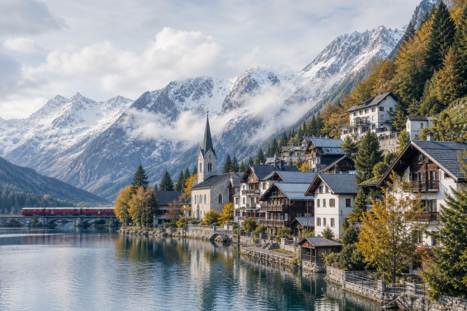 Alpine village overlooking a calm lake with snow-dusted peaks and a panoramic train in the distance