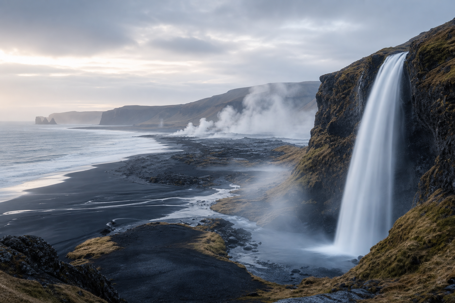 Misty Icelandic coast with a waterfall cascading into black sand and geothermal steam rising in the distance
