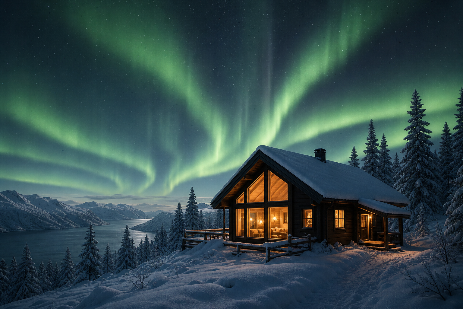Snowy Nordic cabin with warm light glowing inside, under a vivid green aurora in a clear night sky