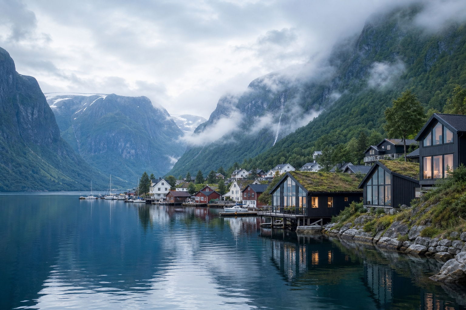 Deep Norwegian fjord with still water, a small harbor town, and minimalist cabins on the shoreline