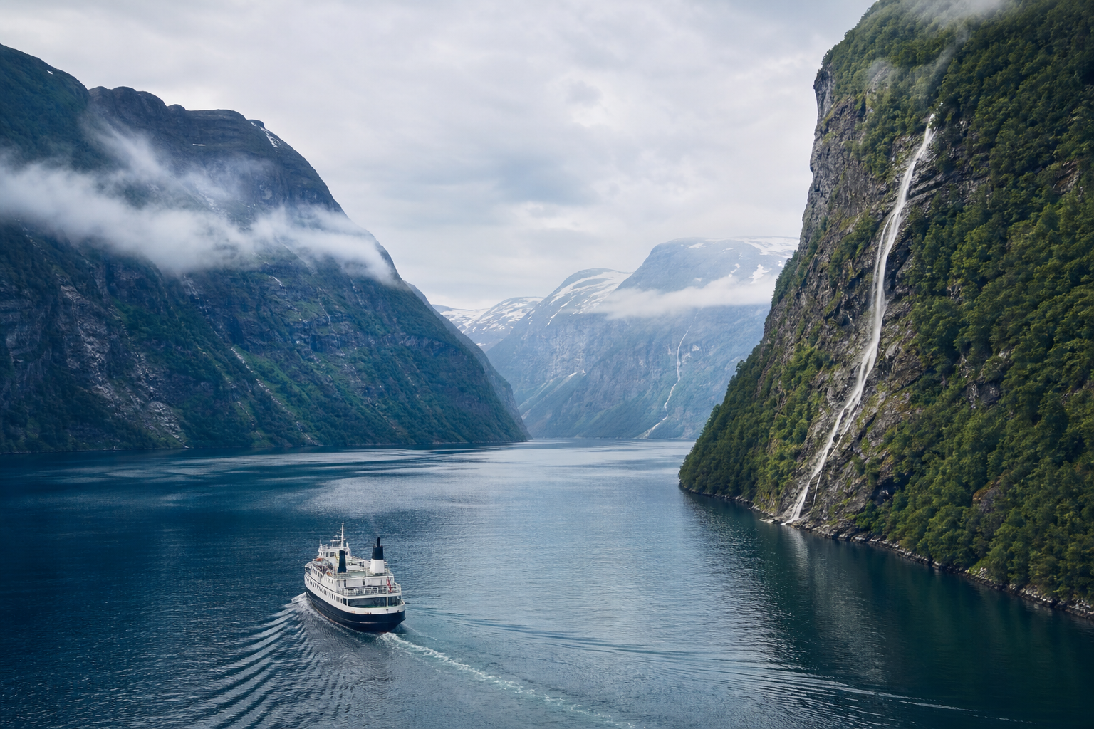 Norwegian fjord with a small ferry gliding through deep blue water beneath steep green cliffs