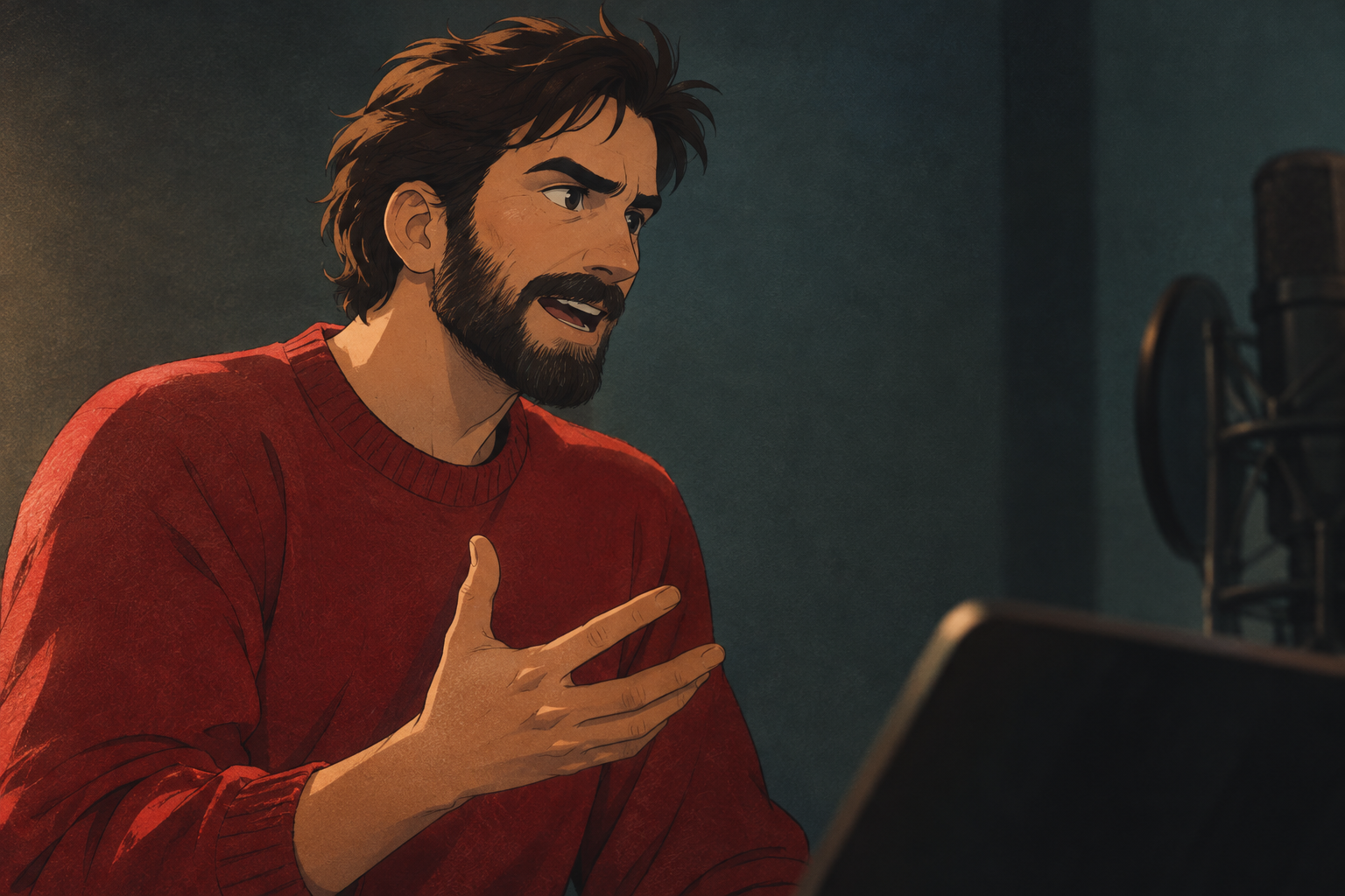 Expressive 2D acting shot of a bearded man in a red sweater delivering dialogue against a muted studio backdrop