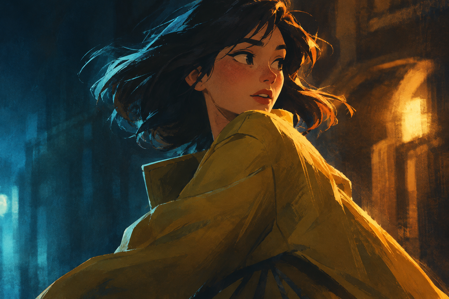 Hand-drawn 2D animation frame of a young woman in a mustard coat performing an expressive turn with painterly blue and amber lighting