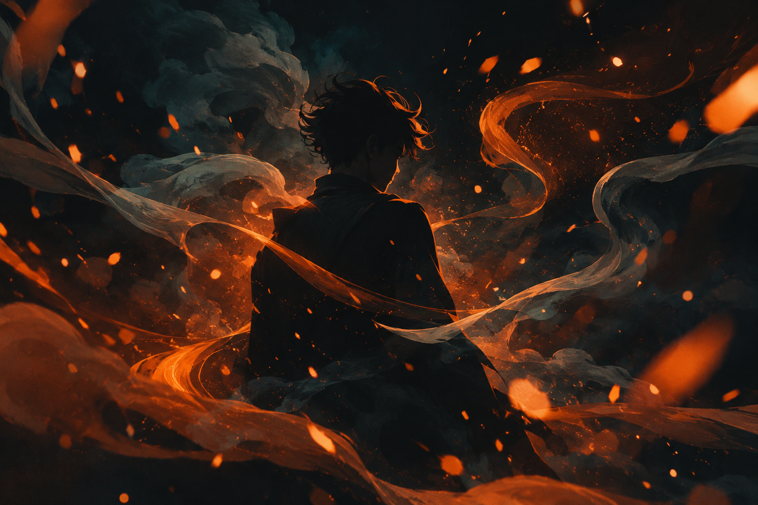 Stylized 2D effects animation still showing swirling orange embers and smoke arcs around a dark silhouette