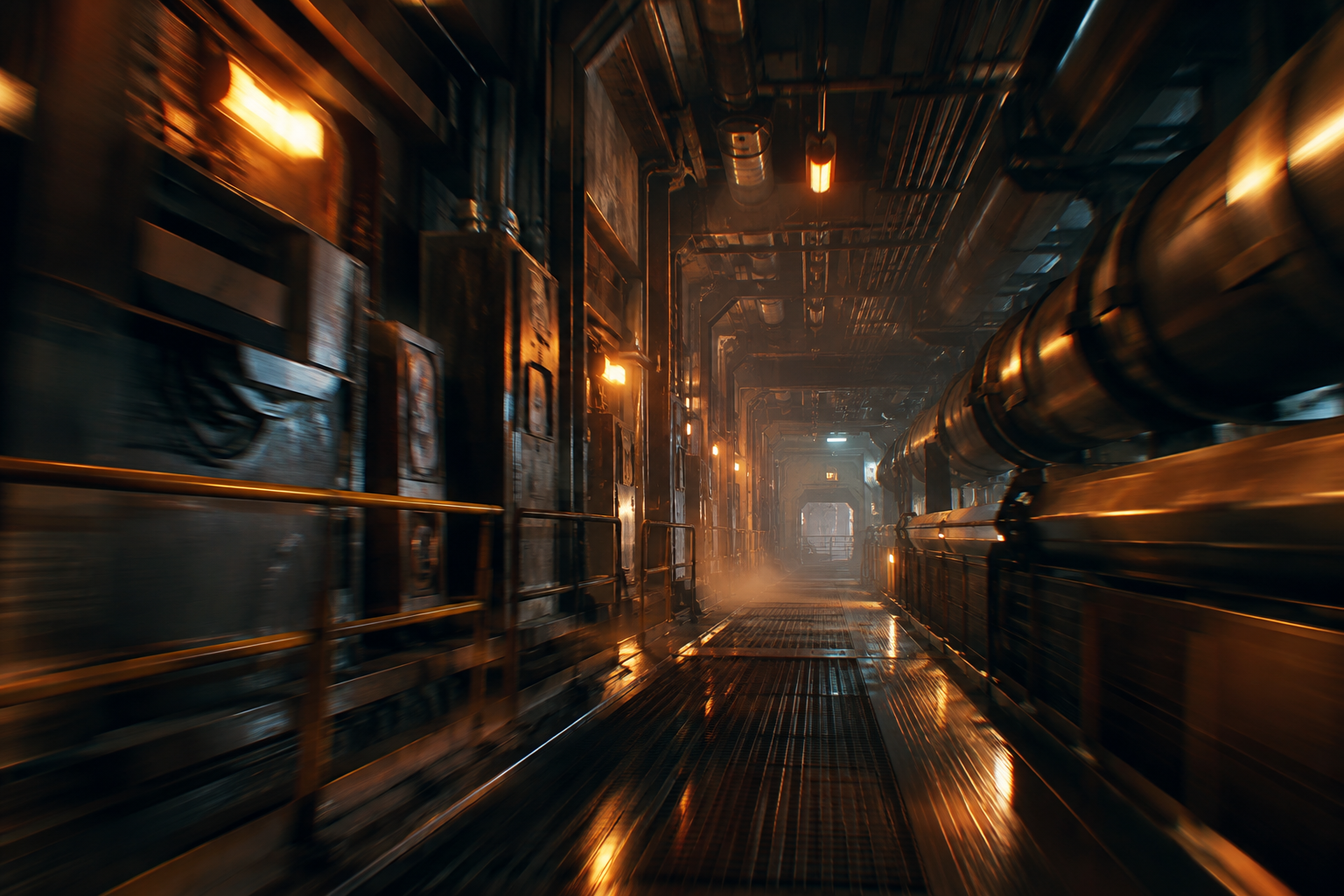 3D environment animation still of an industrial corridor with dramatic depth and warm practical lights during a fast dolly move