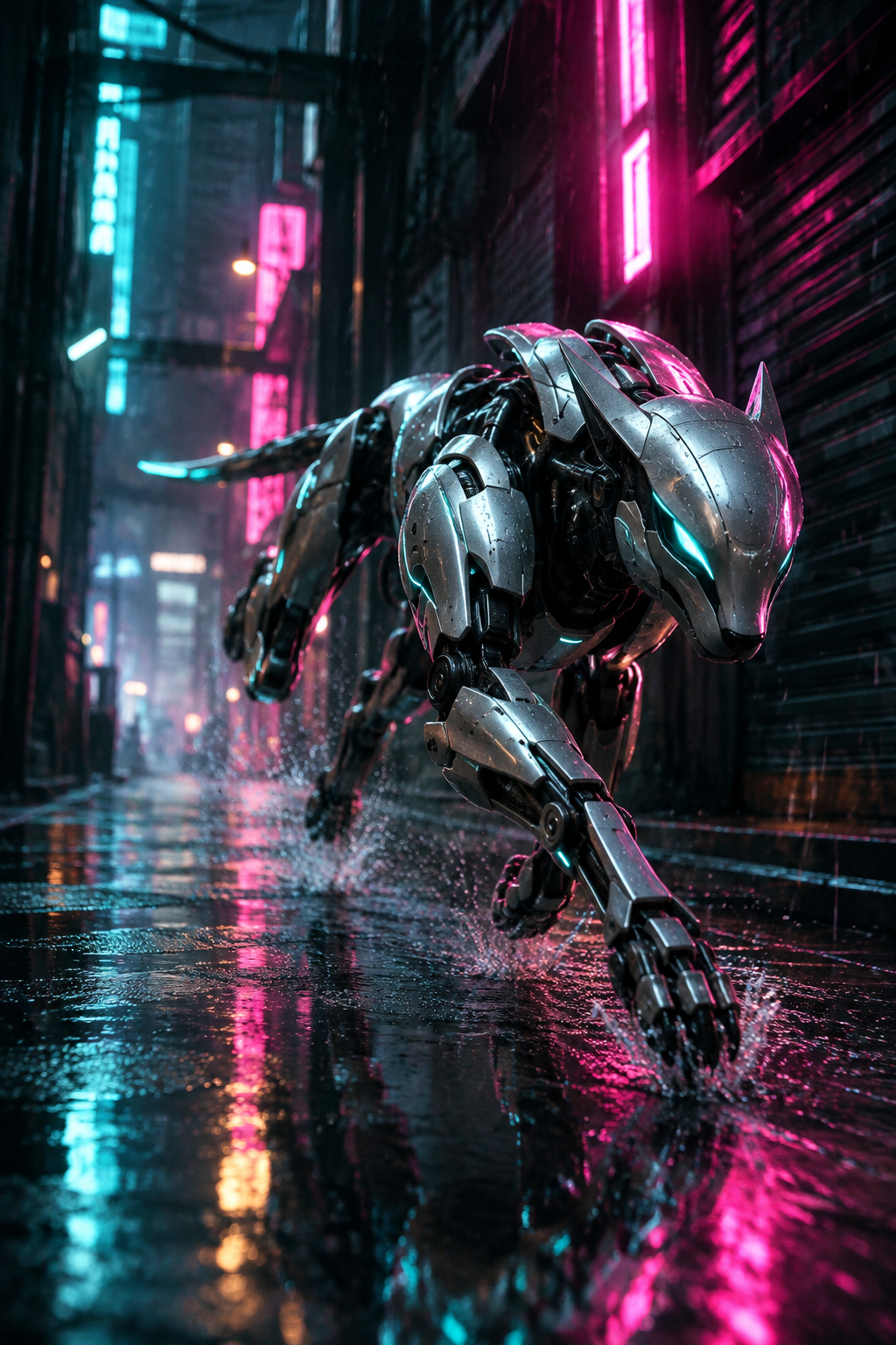 Cinematic 3D animation still of a silver mechanical creature sprinting through a rainy neon alley with teal and magenta reflections