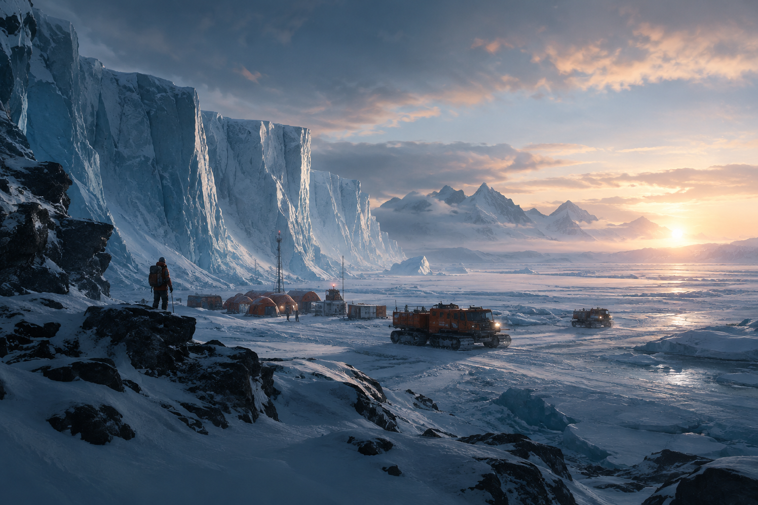 Wide arctic expedition panorama with ice cliffs, research vehicles, and pale dawn light across frozen terrain