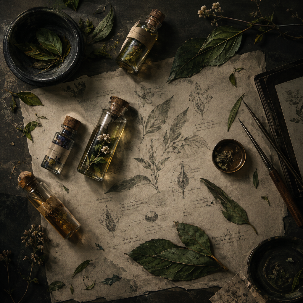 Top-down prop study of glass vials, leaves, and botanical tools arranged on textured paper with ink annotations