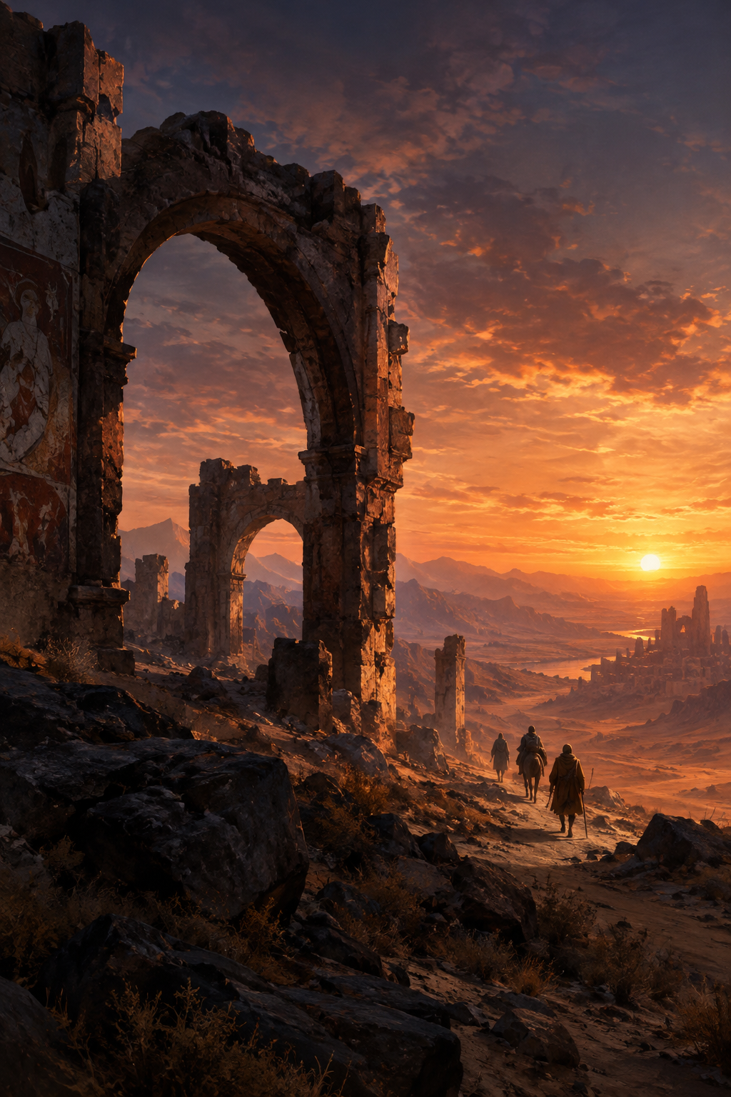 Dusty desert ruin at sunset with broken stone arches, distant travelers, and warm cinematic lighting painted as a story keyframe