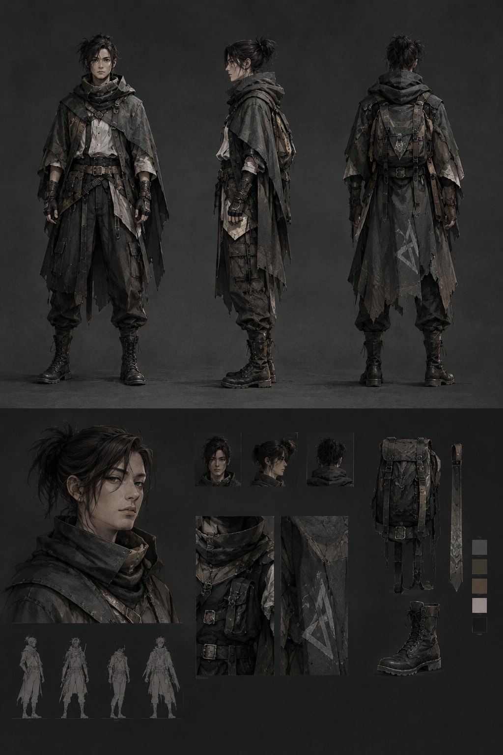 Full-body character lineup with graphite textures, layered costume silhouettes, and neutral studio backdrop for design turnaround