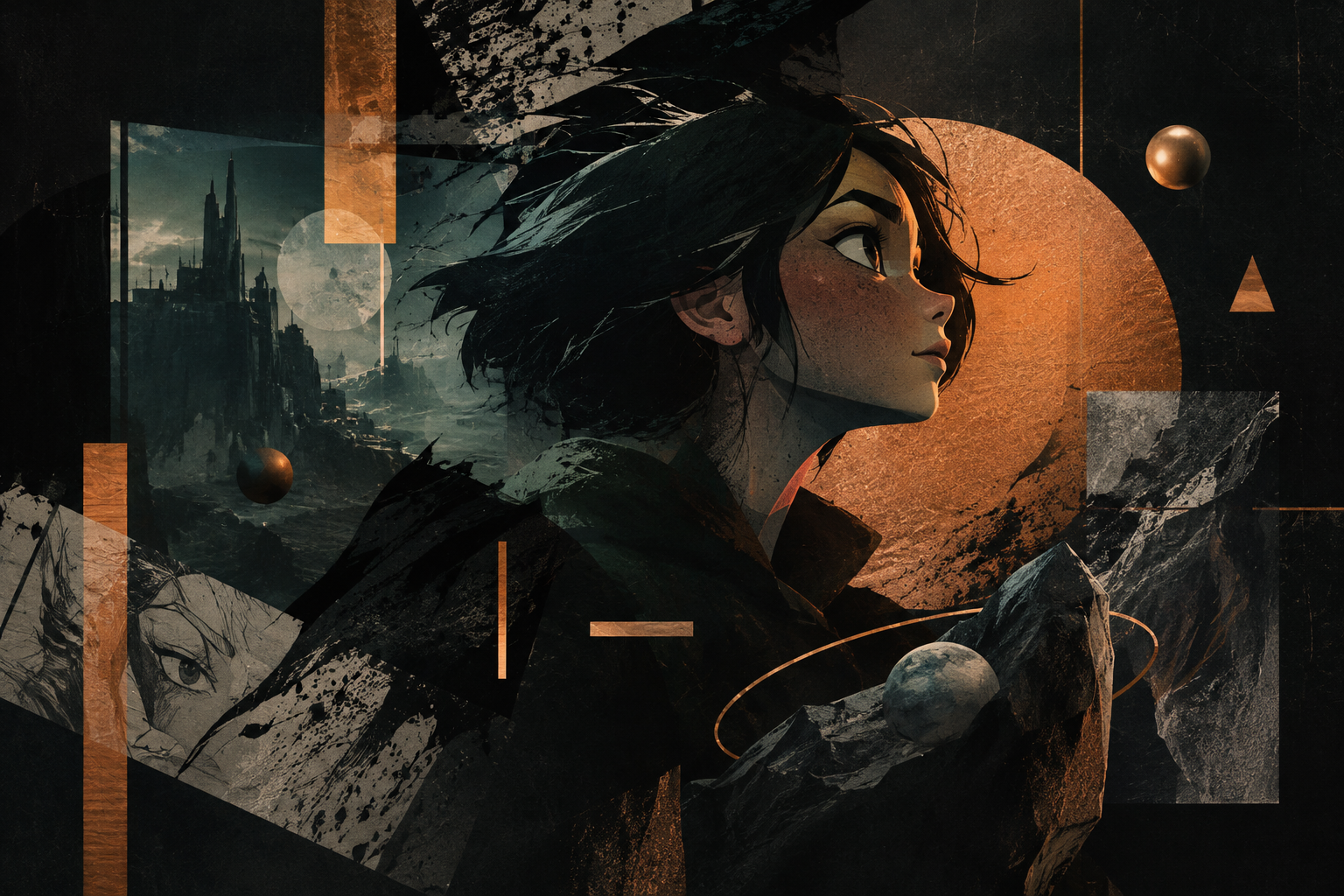 Hybrid 2D and 3D motion graphic frame featuring geometric forms, ink textures, and layered typography in charcoal and copper tones