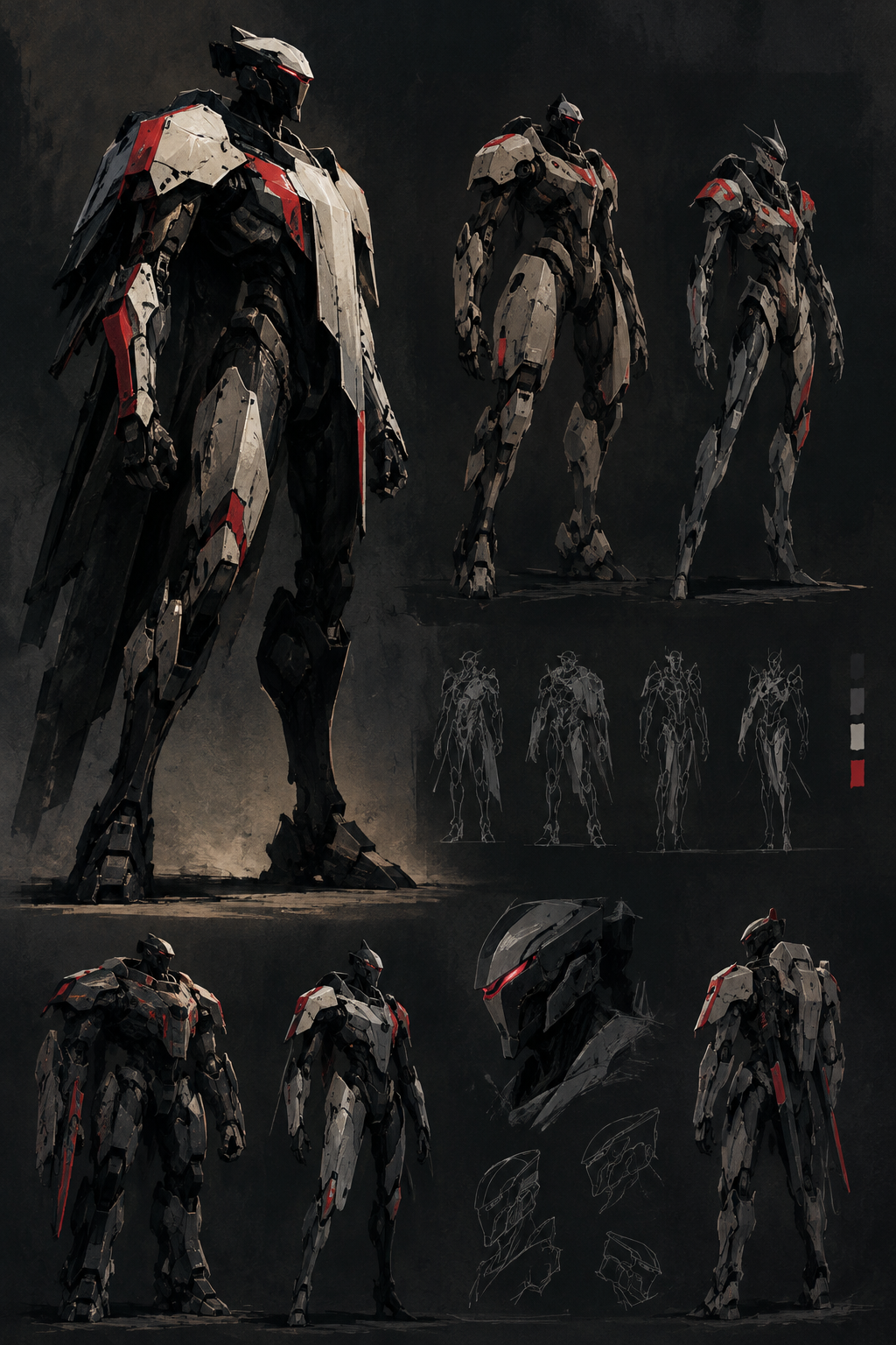 Tall mechanical silhouette exploration with varied armor shapes, red marker accents, and rough concept sketch linework