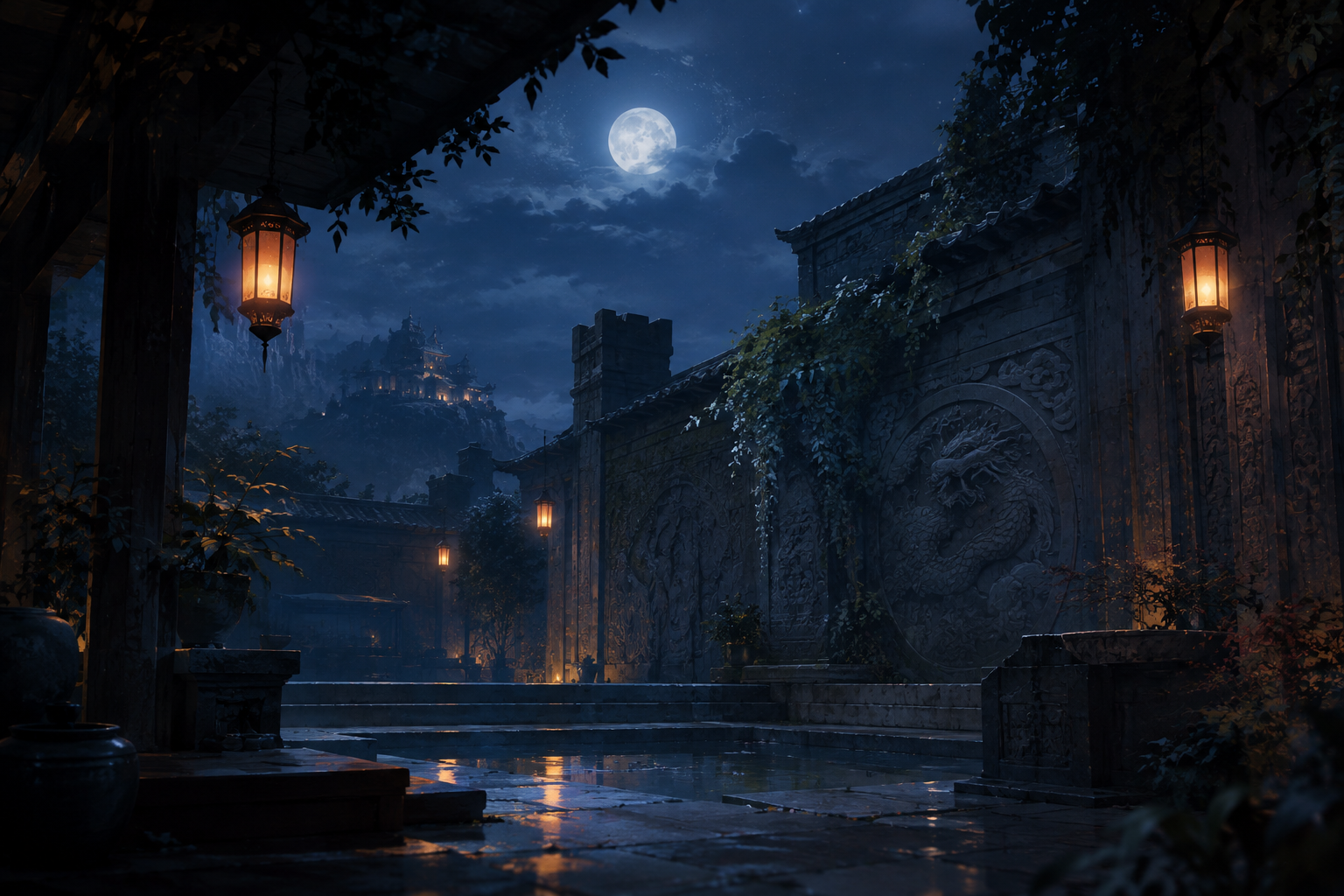 Moonlit courtyard illustration with carved stone walls, hanging lanterns, and cool blue night atmosphere