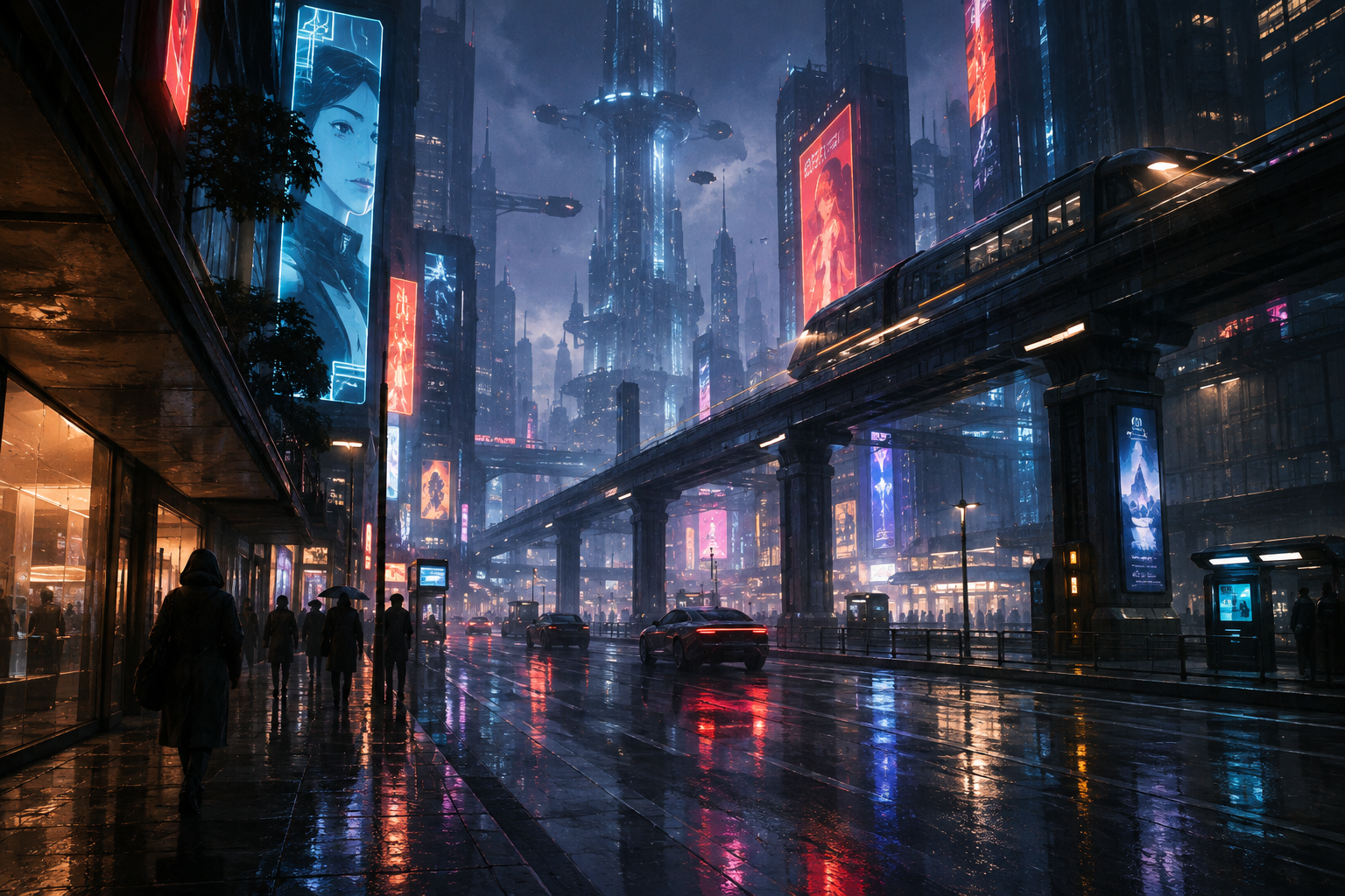 Rain-soaked futuristic megacity street with glowing signs, elevated tram lines, and reflective pavement in a cinematic concept art style
