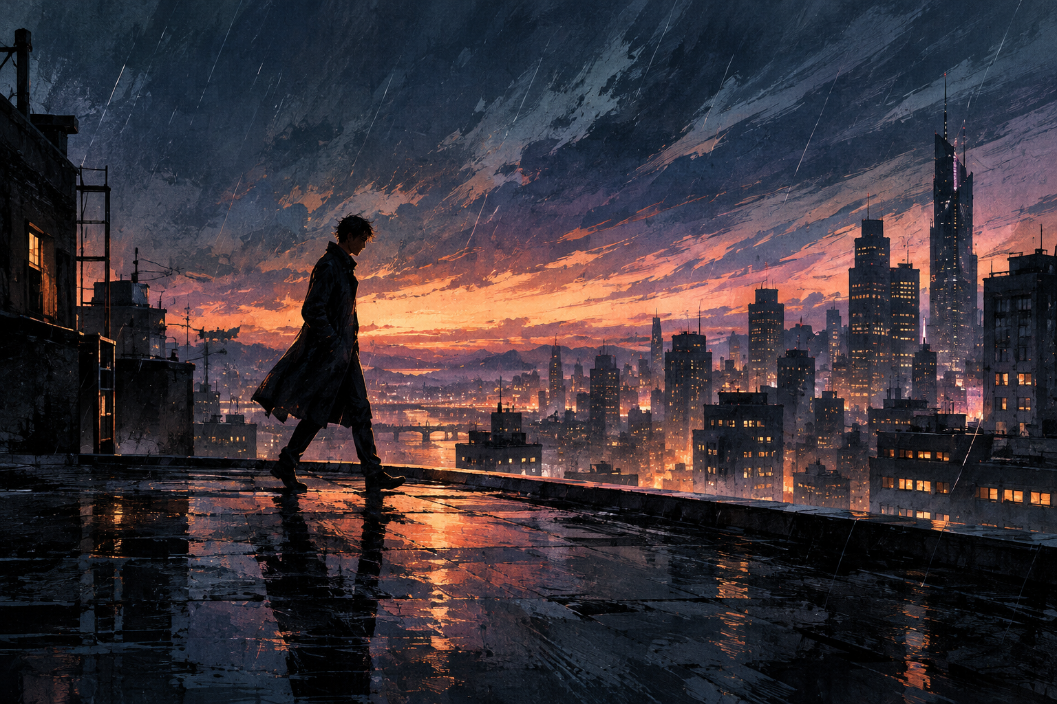 Painterly 2D animation still of a lone character silhouette crossing a rain-soaked city rooftop at dusk, with hand-drawn linework, moody cinematic light, and subtle motion streaks in the sky