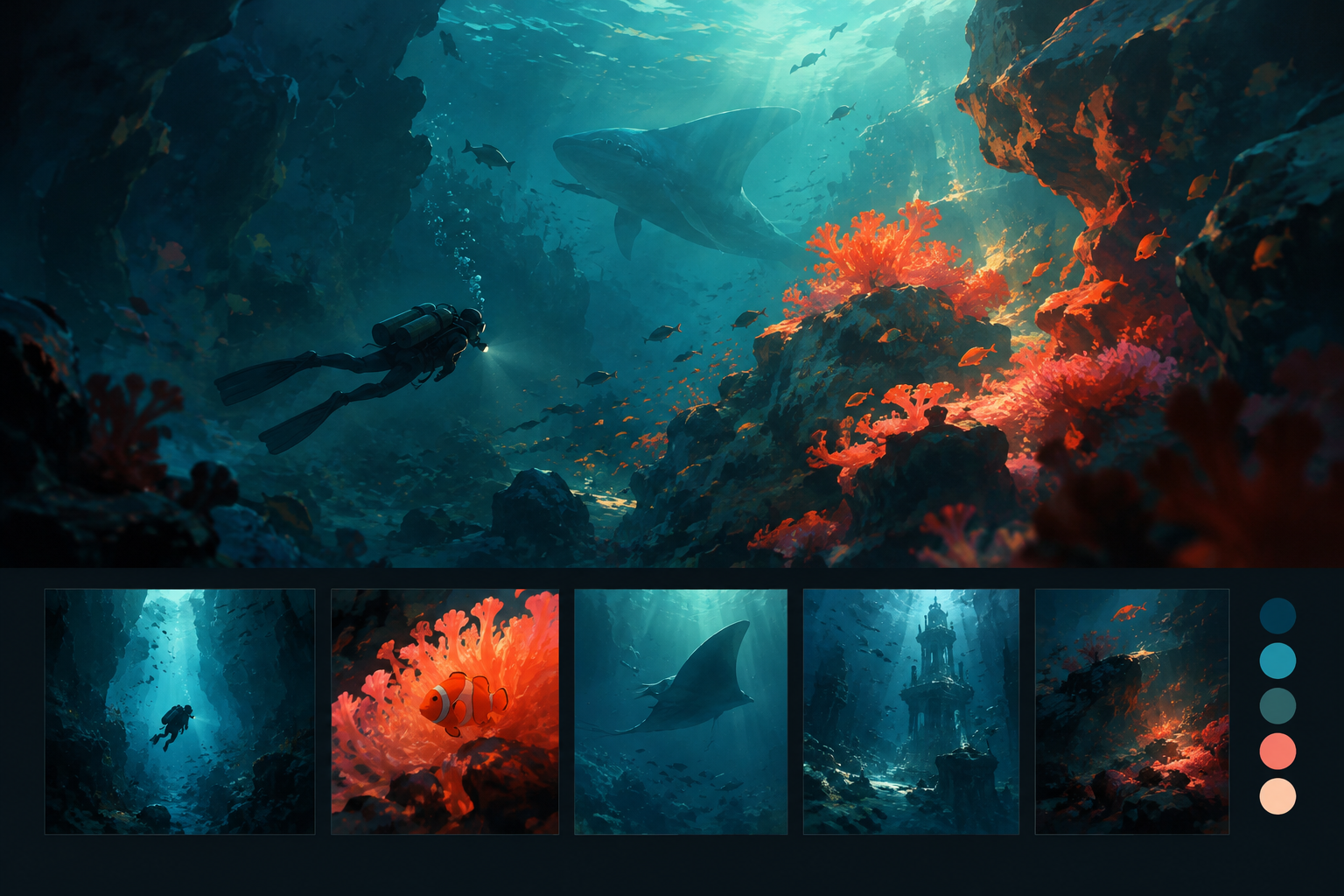 Underwater color script panel featuring deep teal gradients, drifting particles, and bright coral focal highlights