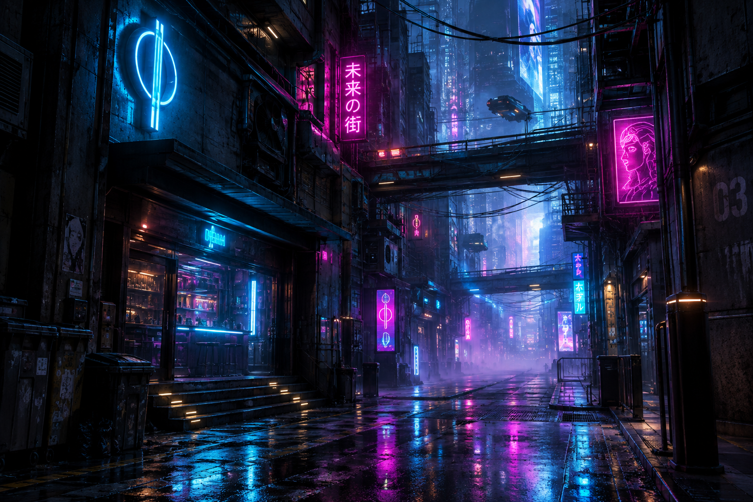 Nighttime cyberpunk city block model with layered neon signage, wet pavement reflections, and dense modular architecture