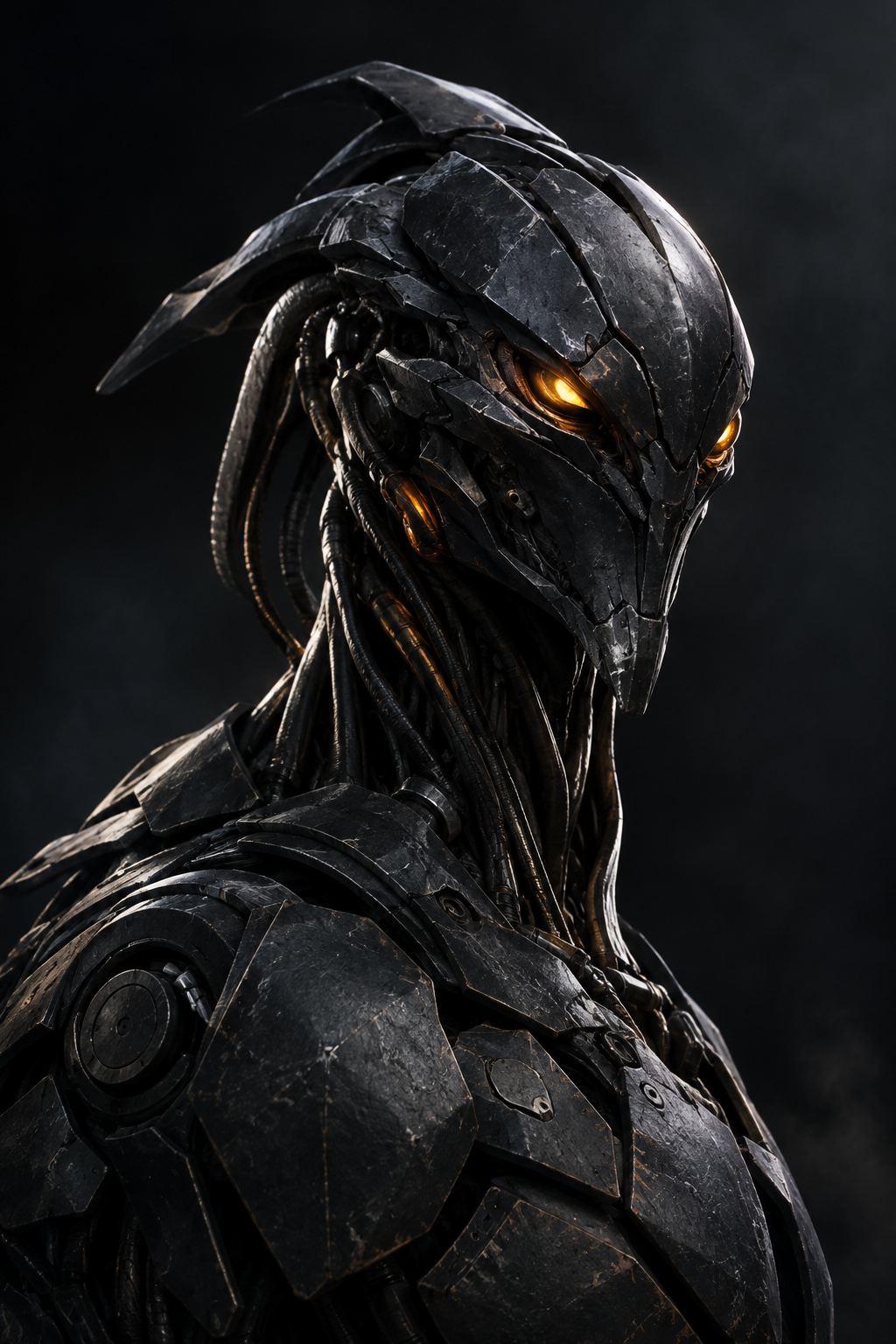 Biomechanical creature bust with matte graphite plating, exposed cables, and amber-lit eye sockets