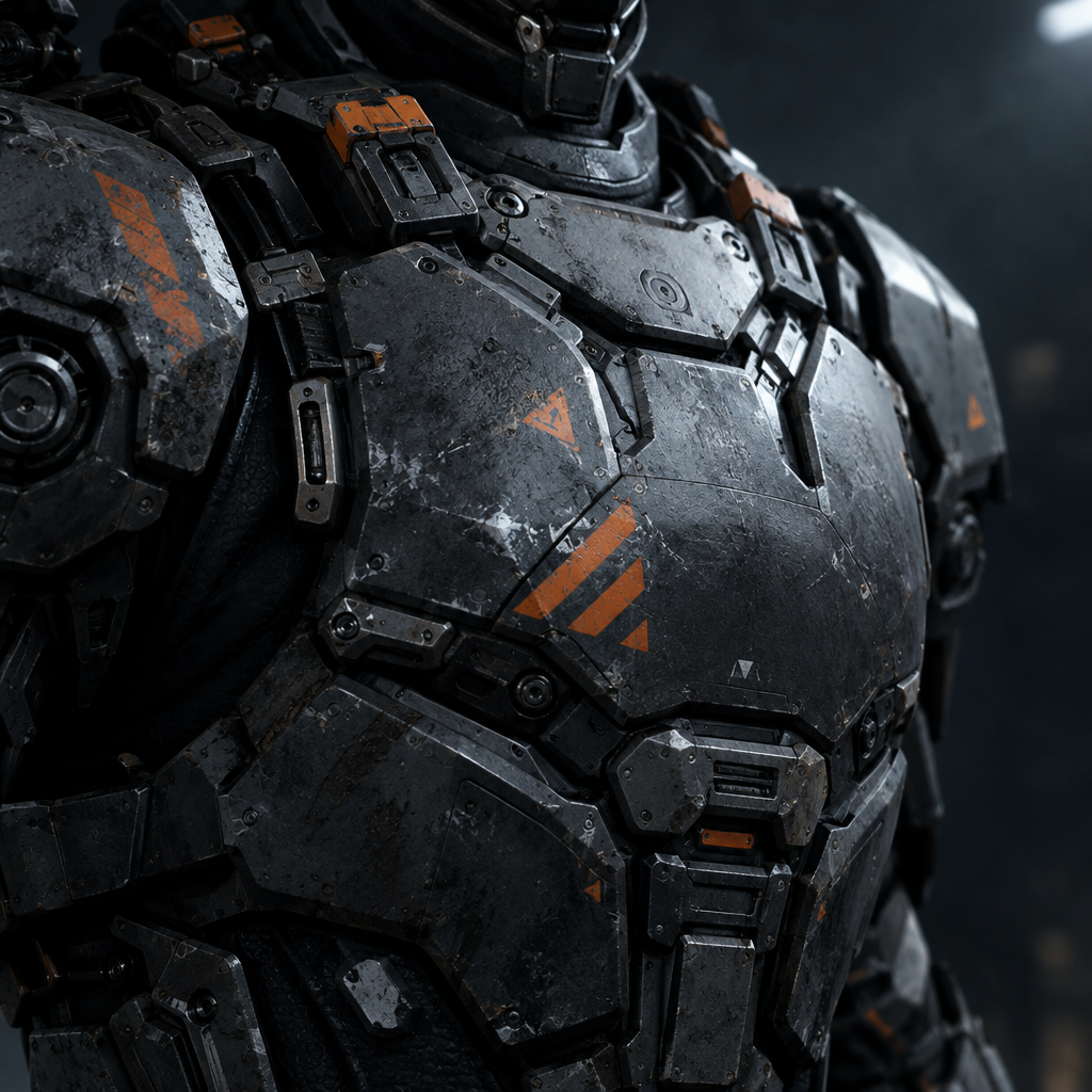 Close-up of a weathered exosuit chest armor model with scratched metal plates and orange warning decals