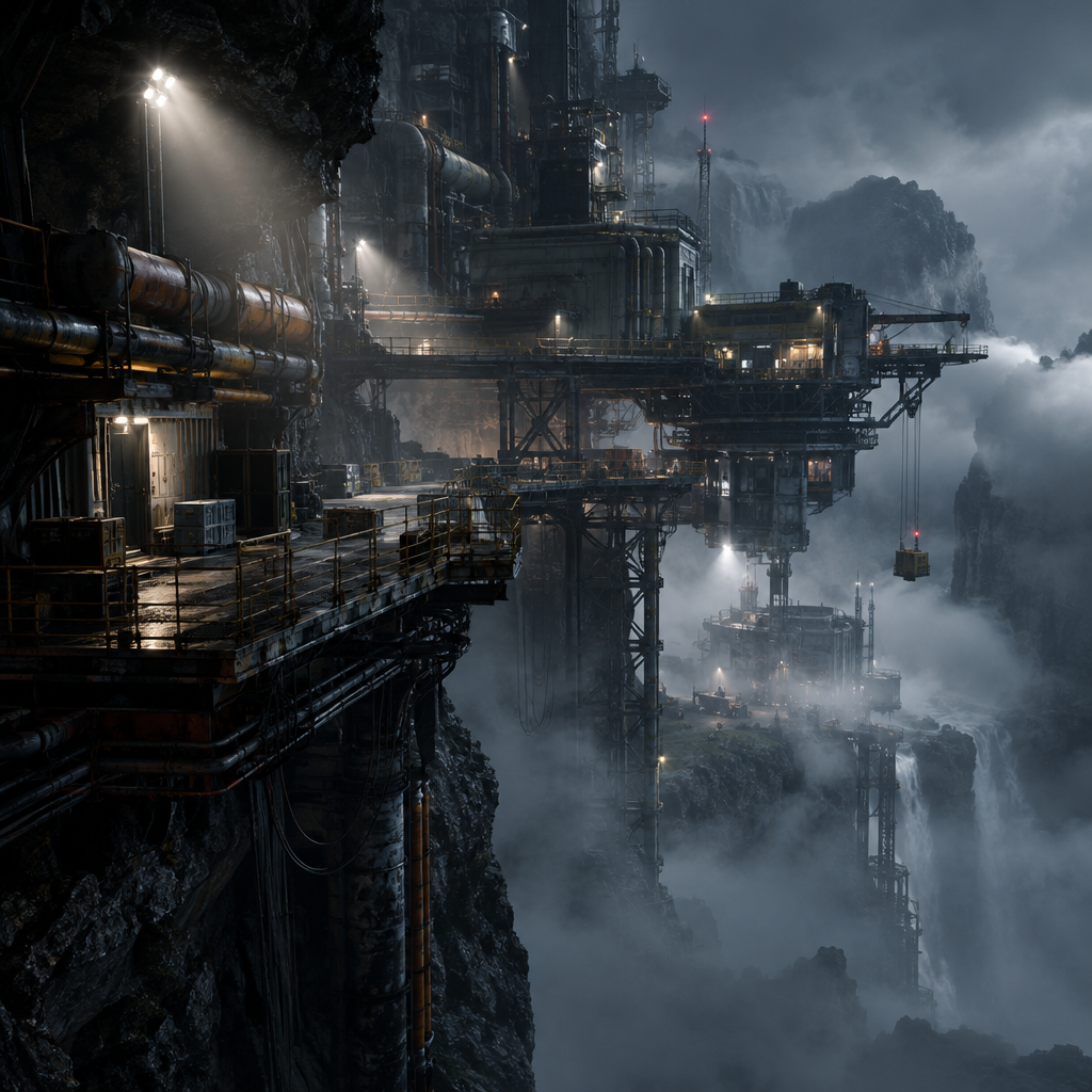 Foggy cliffside industrial platform model with suspended pipes, floodlights, and layered steel walkways