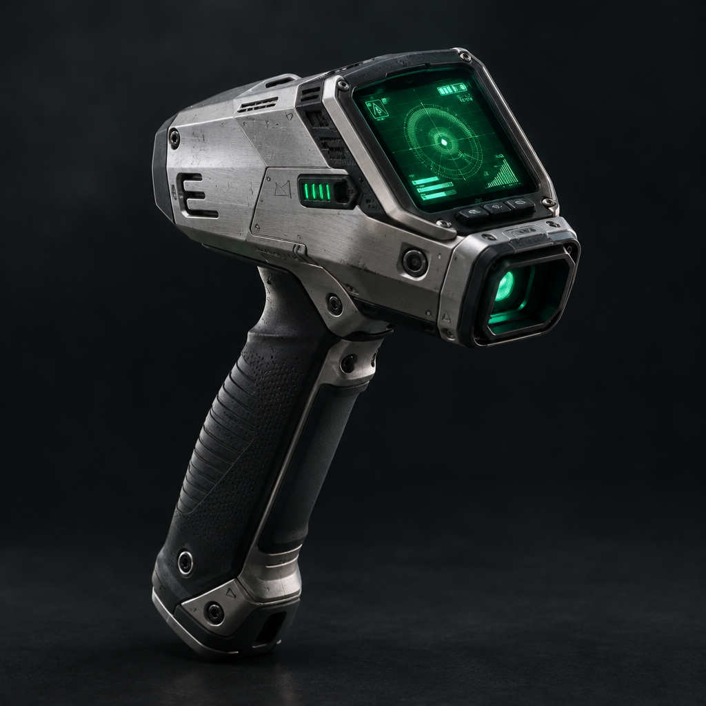 Detailed sci-fi handheld scanner prop model with brushed aluminum casing, green status screen, and grip textures
