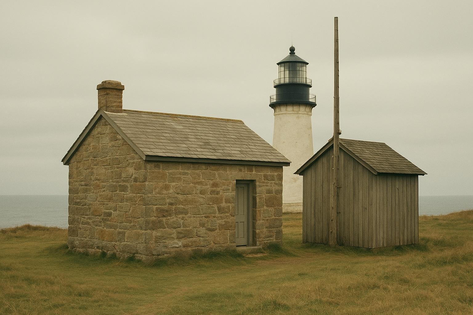 Stone outbuilding and signal shed near a lighthouse on grassy coastal ground