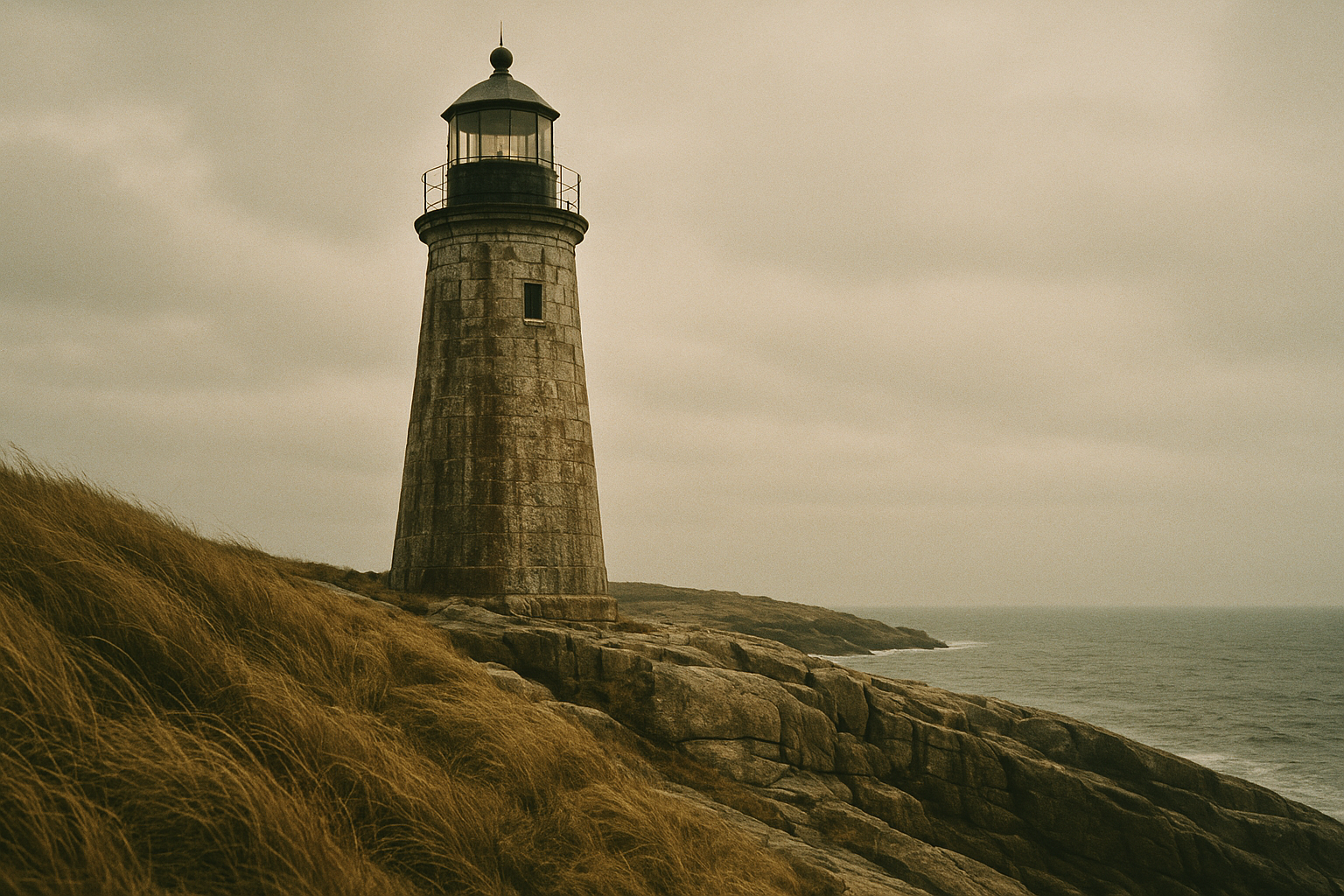 Weathered granite lighthouse tower on a wind-worn cliff under overcast coastal light