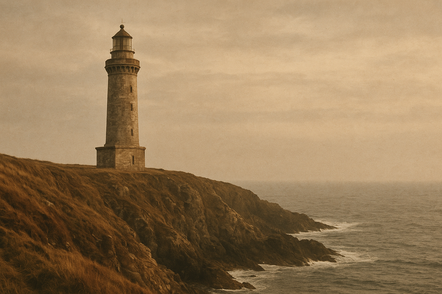 Weathered stone lighthouse on a rugged northern coastline at dusk, with sea haze, wind-worn cliffs, and warm film-photography tones