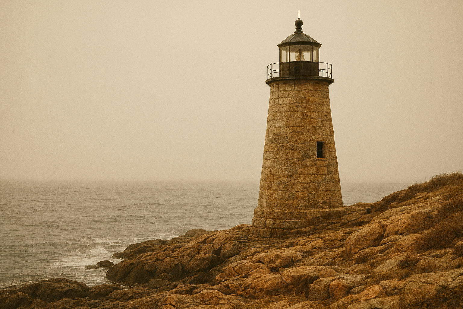 Archival coastal lighthouse photograph with weathered stone tower and soft sea mist