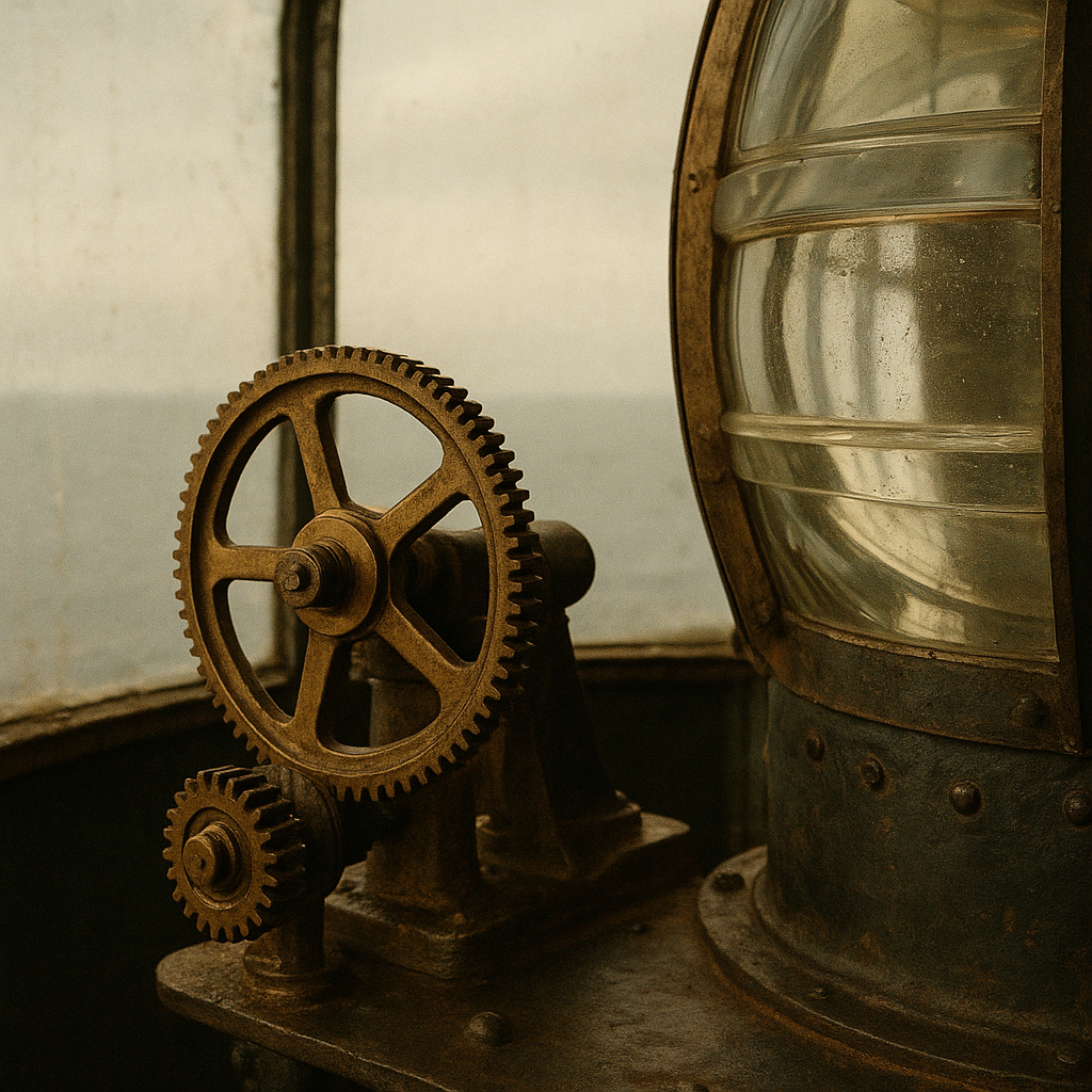 Close documentary detail of a brass lantern mechanism and curved glass panes