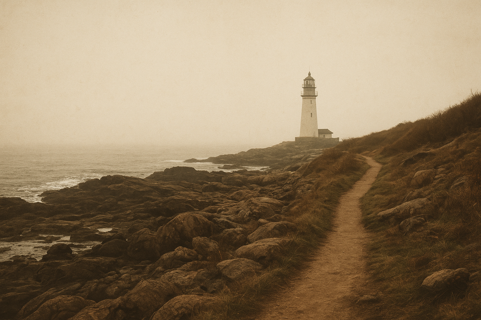 Narrow shoreline footpath leading toward a distant lighthouse above tidal rocks