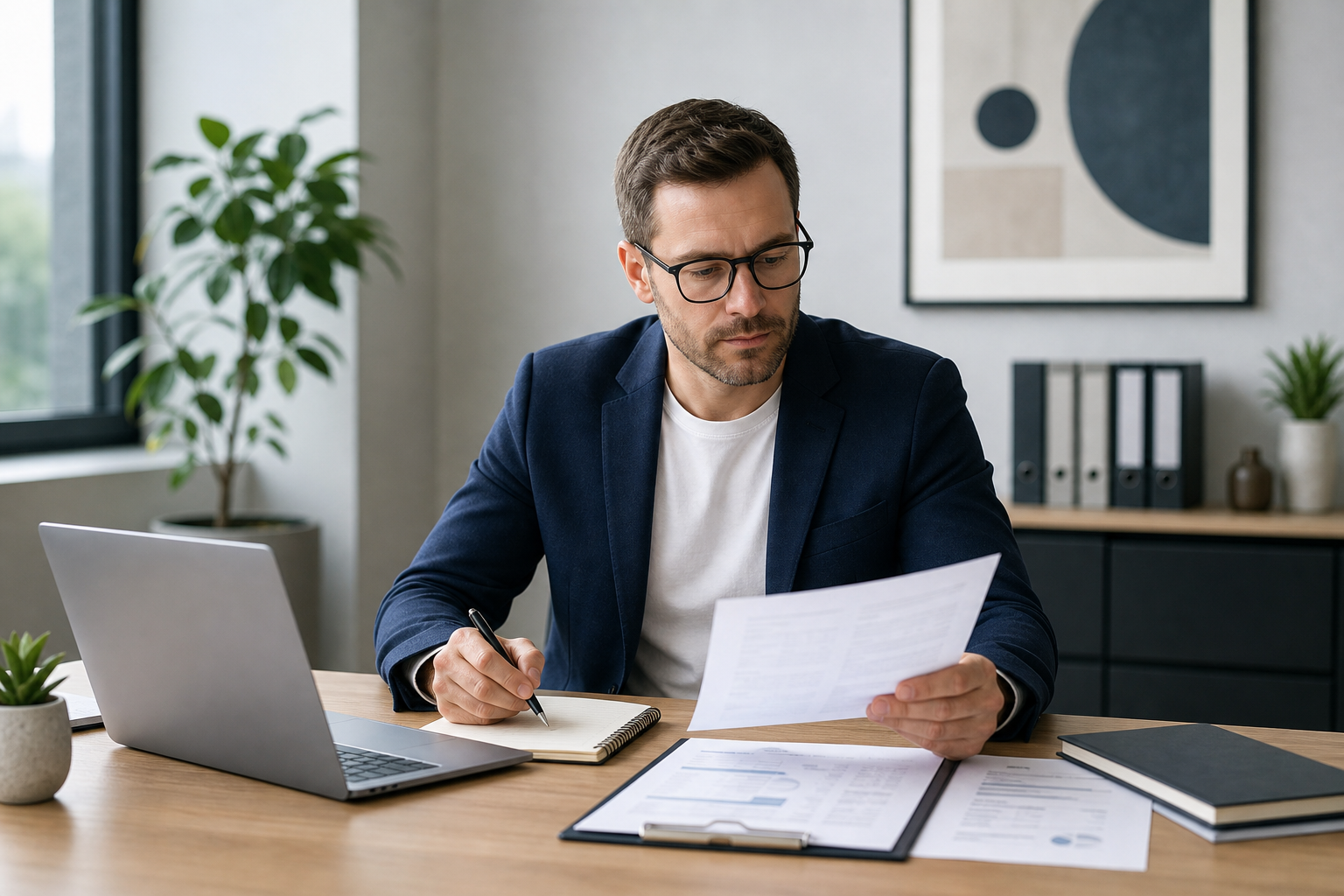 Professional consultant reviewing project notes and billing documents at a clean desk with a laptop and organized paperwork