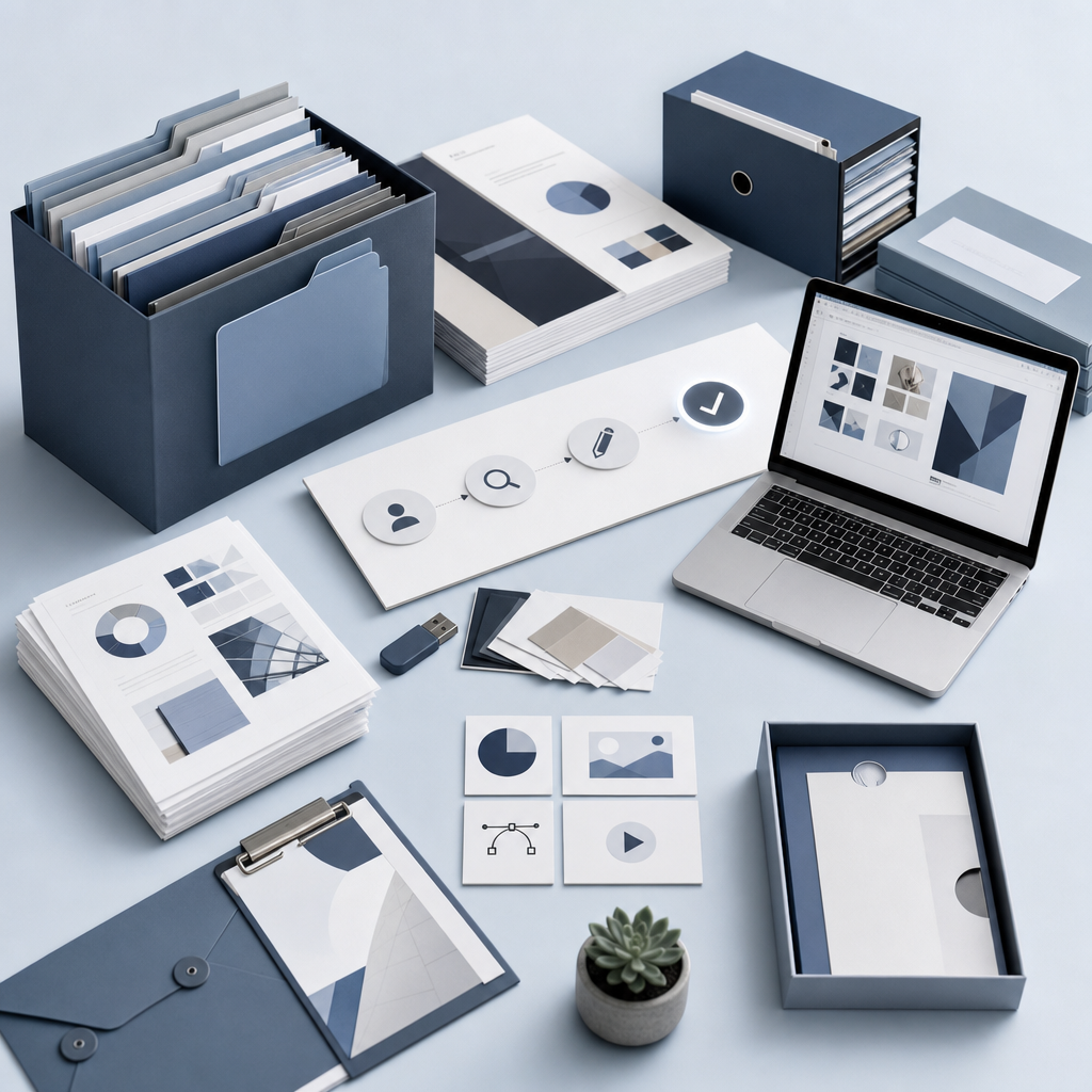 Workspace scene showing organized design documents, checklist, and export-ready asset previews on a modern desk