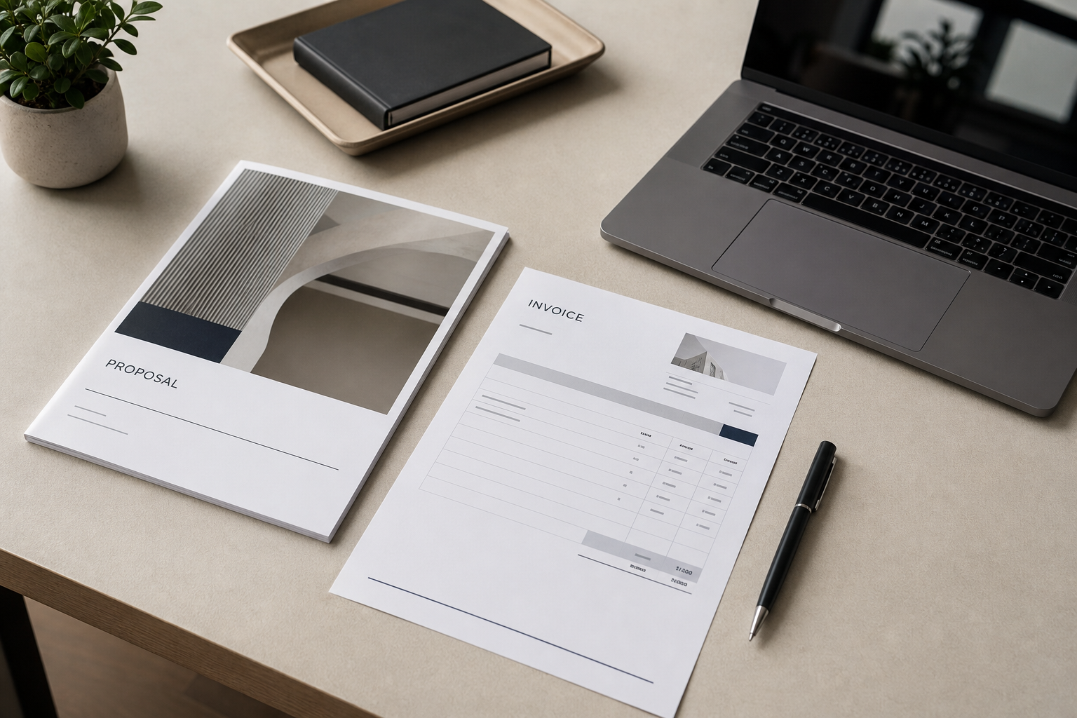 A professional desk scene with a printed proposal, invoice sheet, and pen arranged neatly beside a laptop