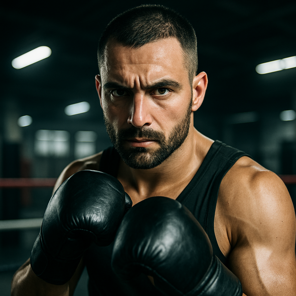 adult male boxer with a close-cropped beard wearing a dark tank top, intense focused expression