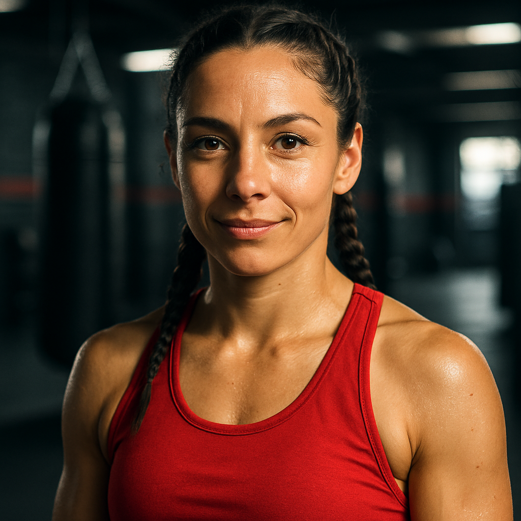 focused adult woman with braided hair wearing a red training top, light sheen of sweat