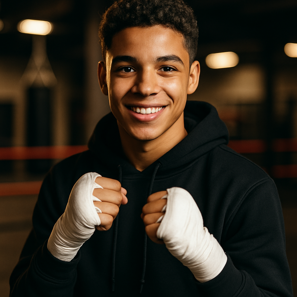 smiling teenage boxer wearing a black hoodie with hand wraps, short curly hair