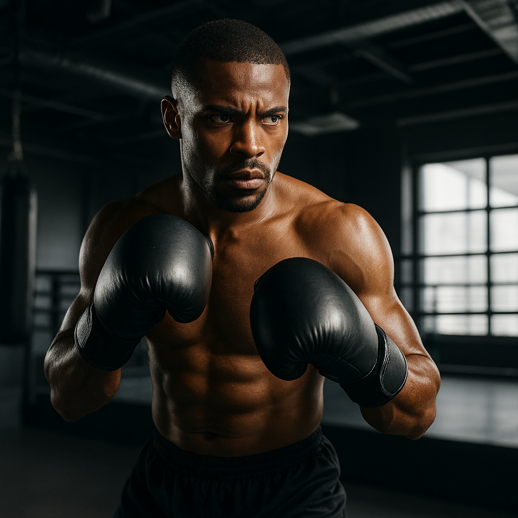 Determined athletic boxer in black gloves throwing a punch inside a modern boxing gym