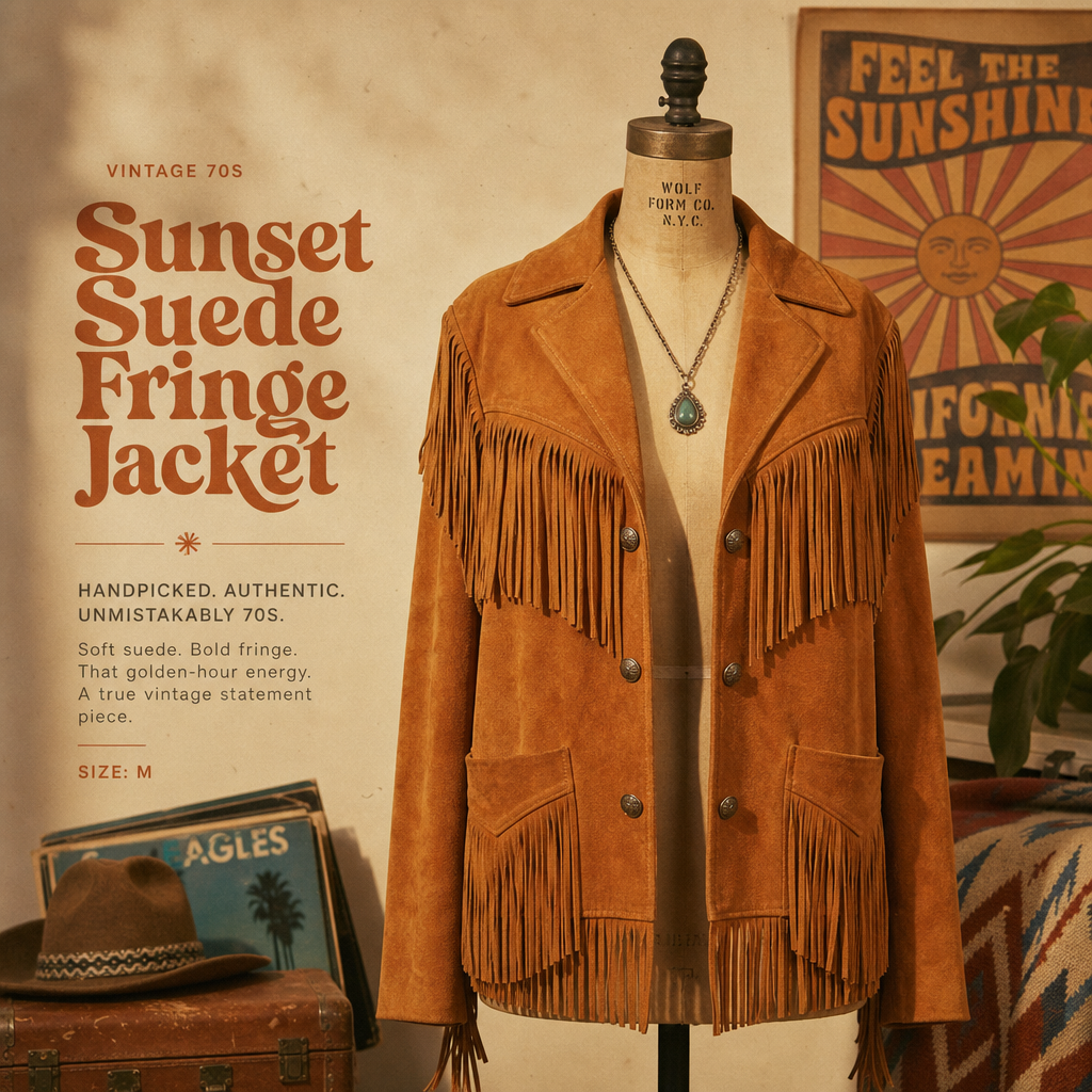 Authentic 70s-inspired fringe jacket in warm tan suede with a soft broken-in feel.