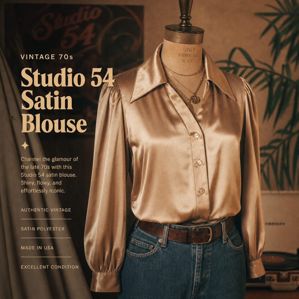Glossy cream satin blouse with sharp collar and disco-night energy.