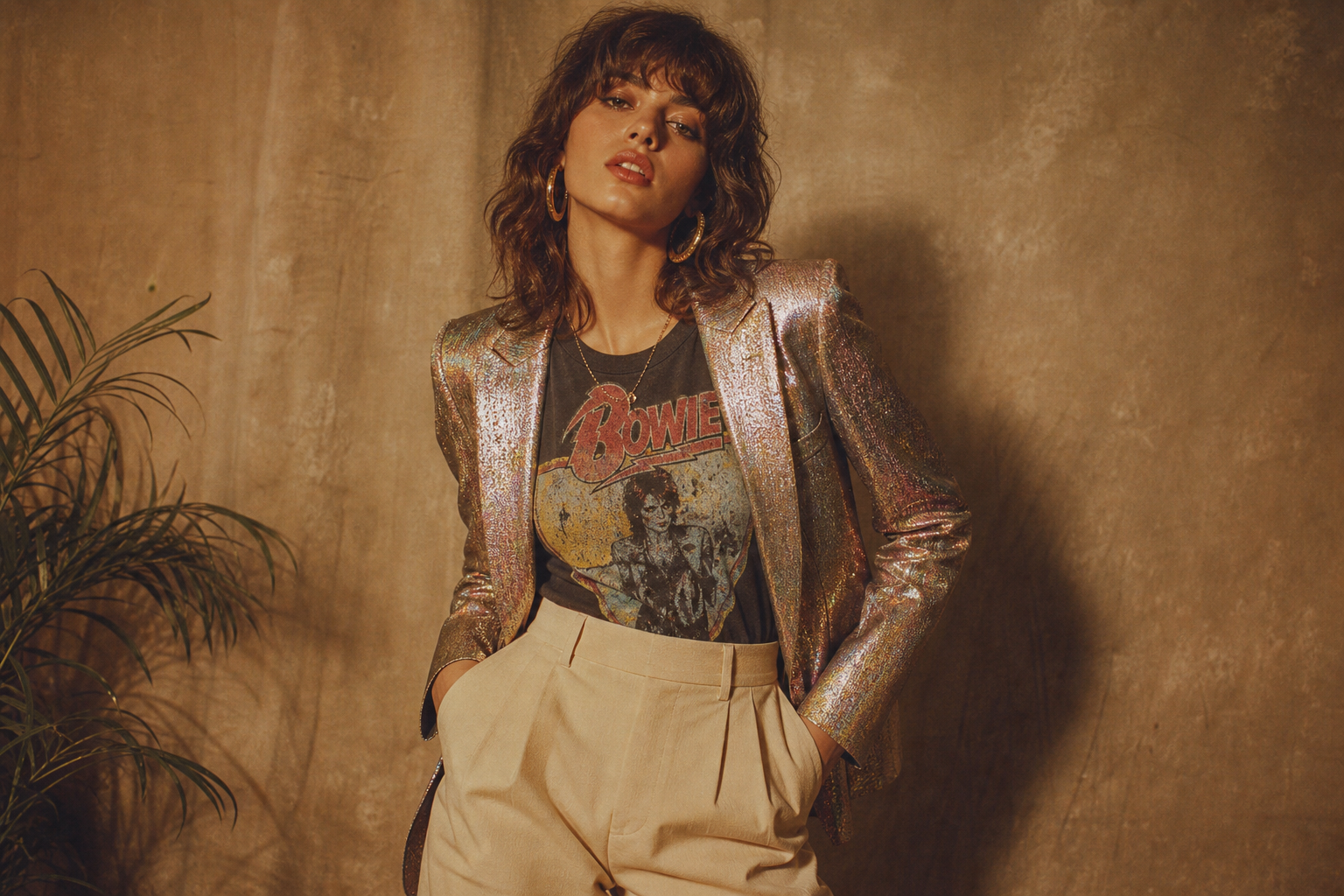 Model wearing a metallic disco-era blazer over a vintage band tee, warm studio lighting with a nostalgic film glow