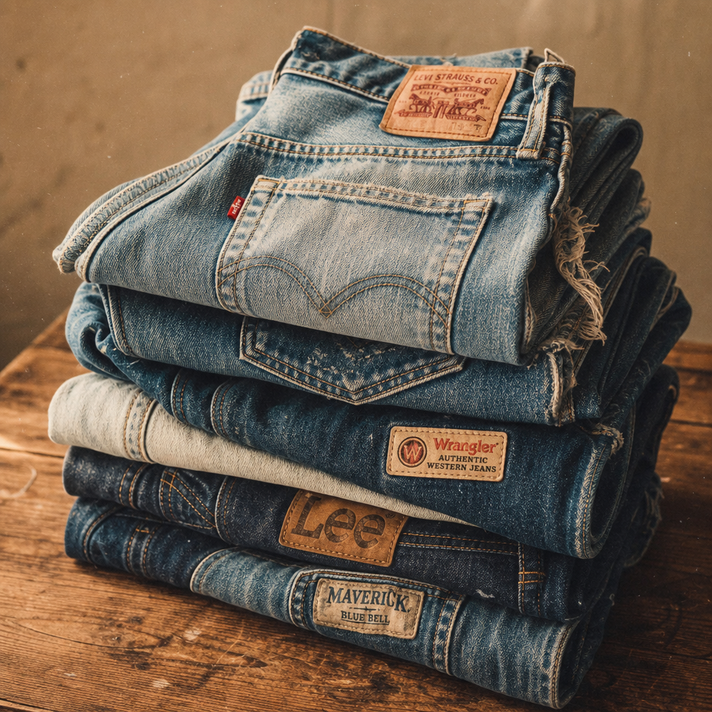 Stack of sun-faded vintage denim jeans with visible whiskering and stitched patches