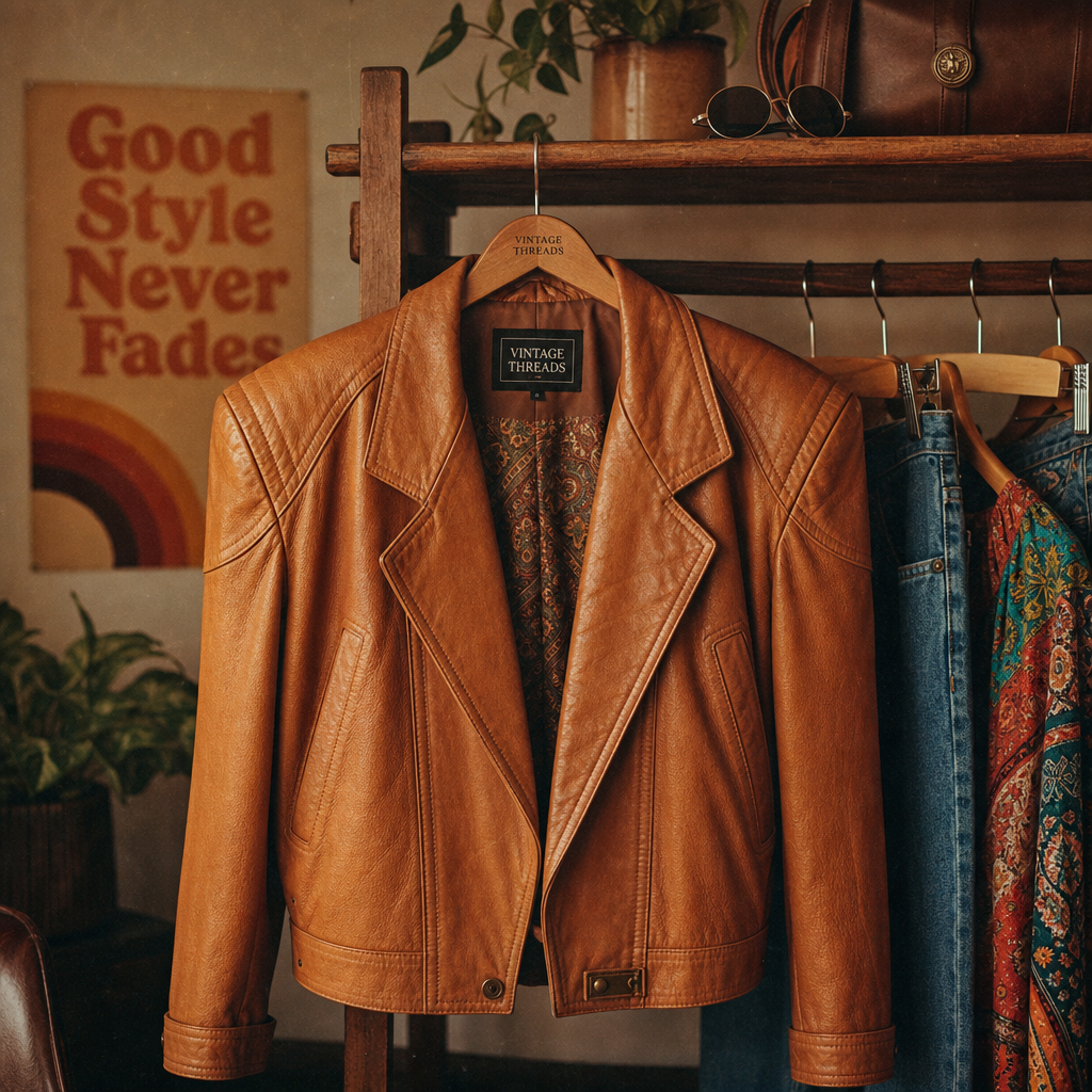 Vintage statement jacket in warm caramel leather with bold shoulder silhouette hanging on a wooden rack