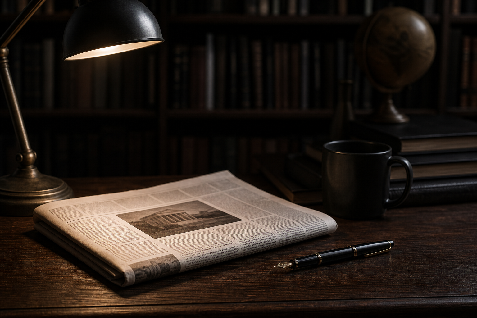Newsroom-style photograph of a dark wood desk with a folded newspaper, fountain pen, and muted desk lamp casting a focused pool of light
