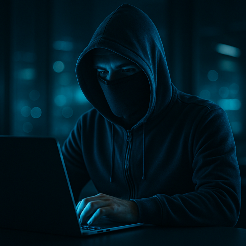 Hooded cyber-tech operator working on a laptop with secure glowing interface lights